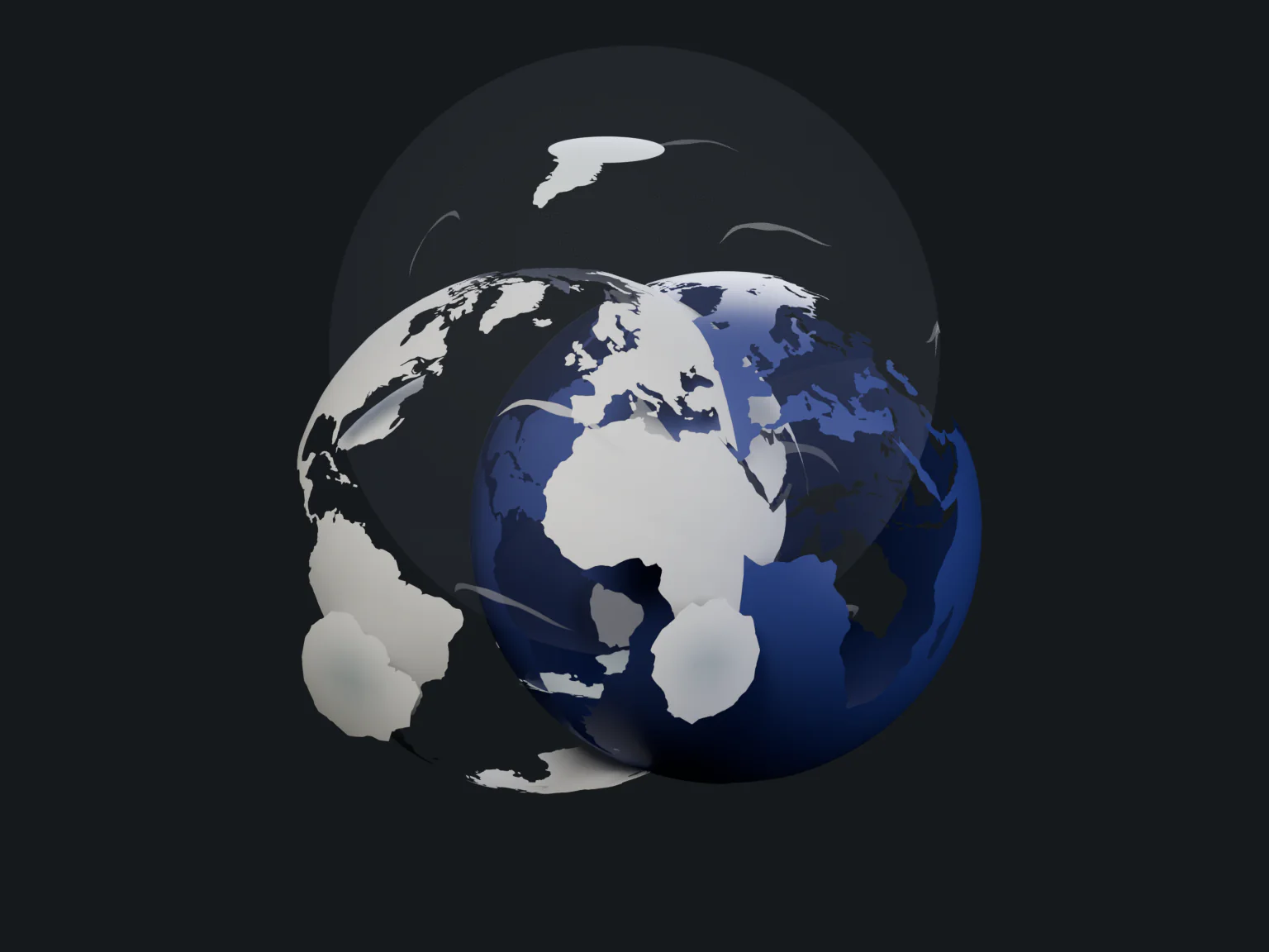 Six named layers separate while retaining their correspondence to the original Earth. Atmosphere and clouds rise above the surface; ocean, land, ice, and life/soil remain identifiable.