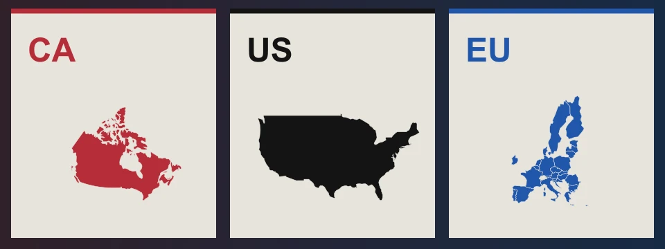 Three Atlantic locator insets: Canada in red, the United States in black and the EU in blue.