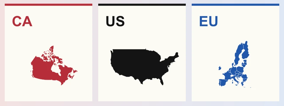 Three Atlantic locator insets: Canada in red, the United States in black and the EU in blue.