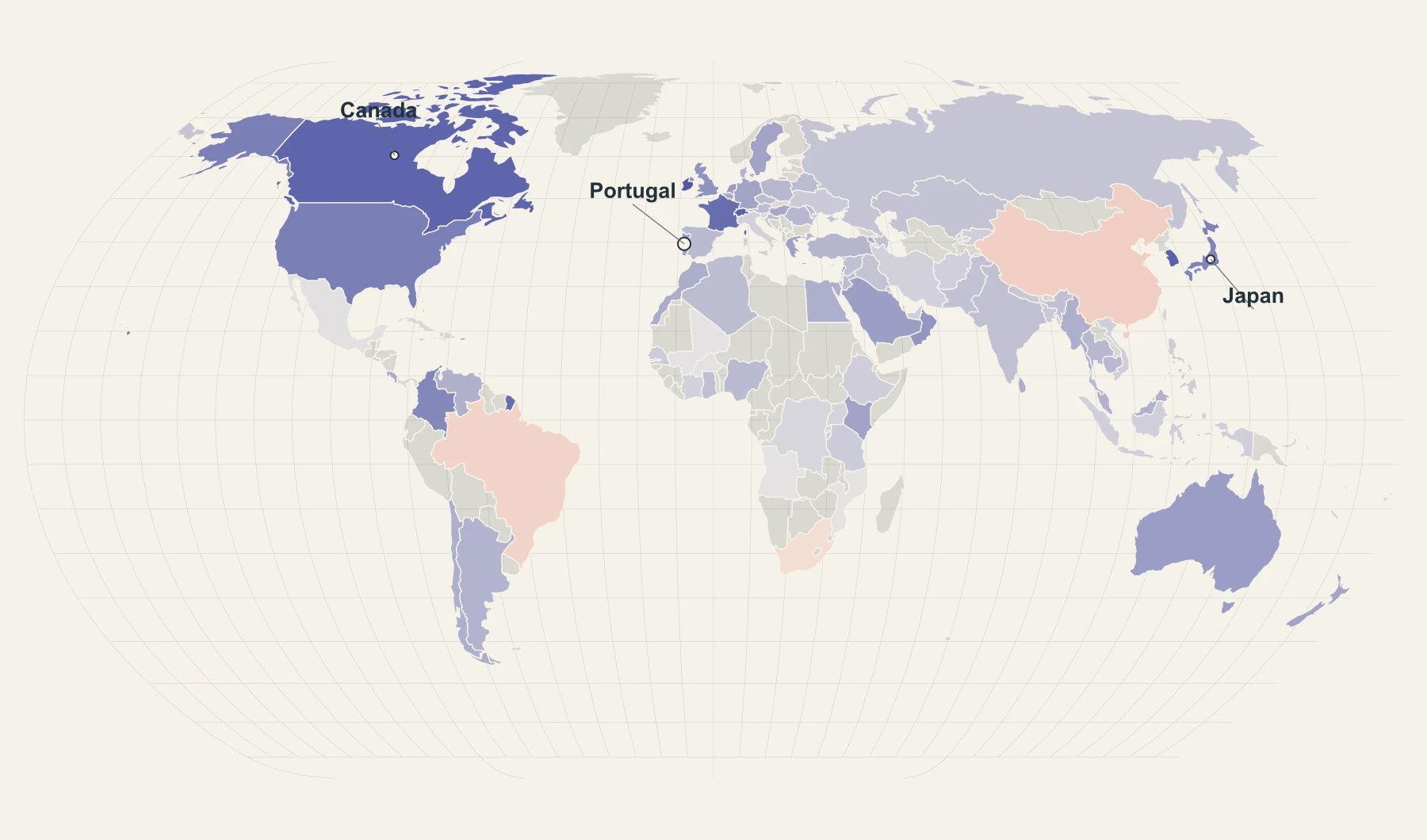 A world map of changes in the tertiary-educated share of arrivals. Portugal, Canada and Japan anchor the comparison.