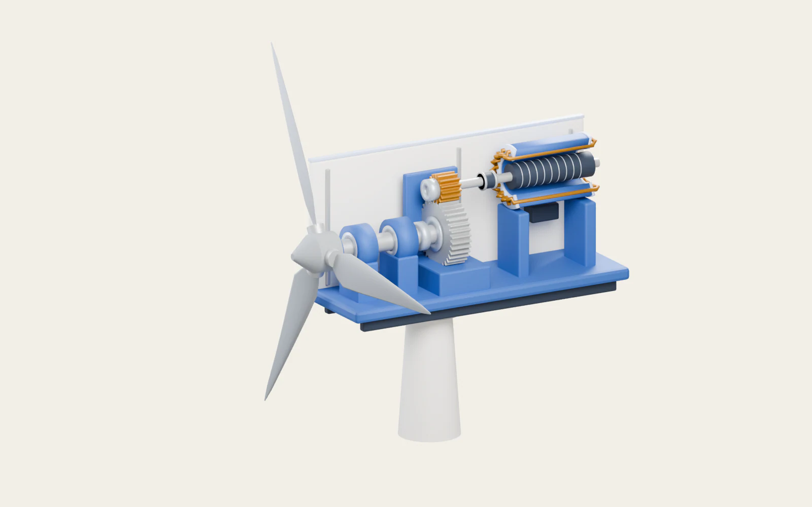 Original schematic wind-turbine cutaway: blades and hub connect through a shaft and gearbox to the enclosed generator.